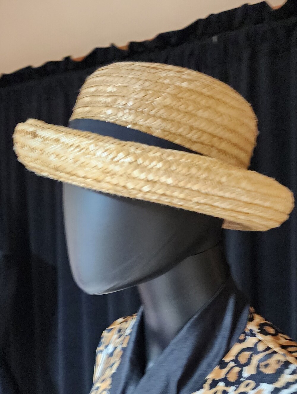VINTAGE 80’s Straw Boater Hat Black Ribbon Cottage Chic French Riviera Style - Picture 7 of 8